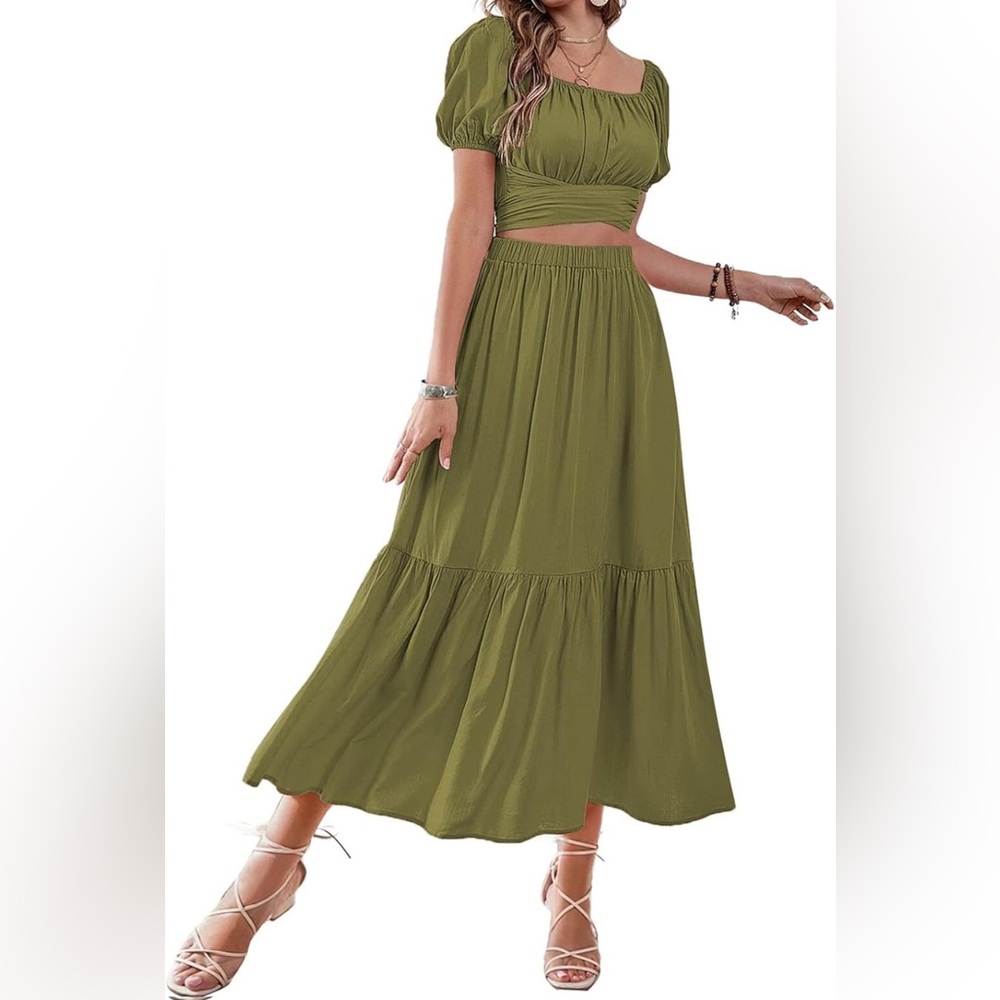 Women's 2 Pcs Outfits Wrap Tie Short Sleeve Crop Top Ruffle Maxi Skirt Set